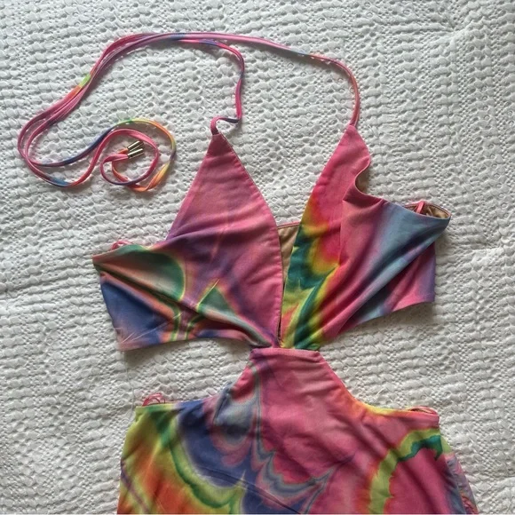 AFRM Tie-Dye Pink and Yellow Abstract Bodycon Halter Tessa Mesh Midi Dress Small - Picture 12 of 13